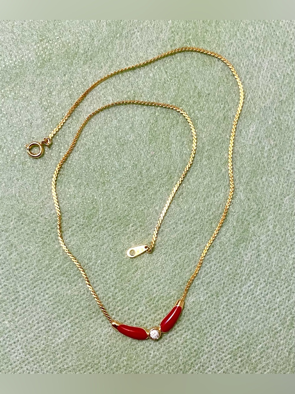 Gold tone Chain Necklace with Red Enamel Accents and Crystal